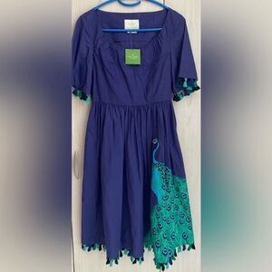 Kate Spade Sumer retro beautiful Blue Dress with Green Peacock Design .